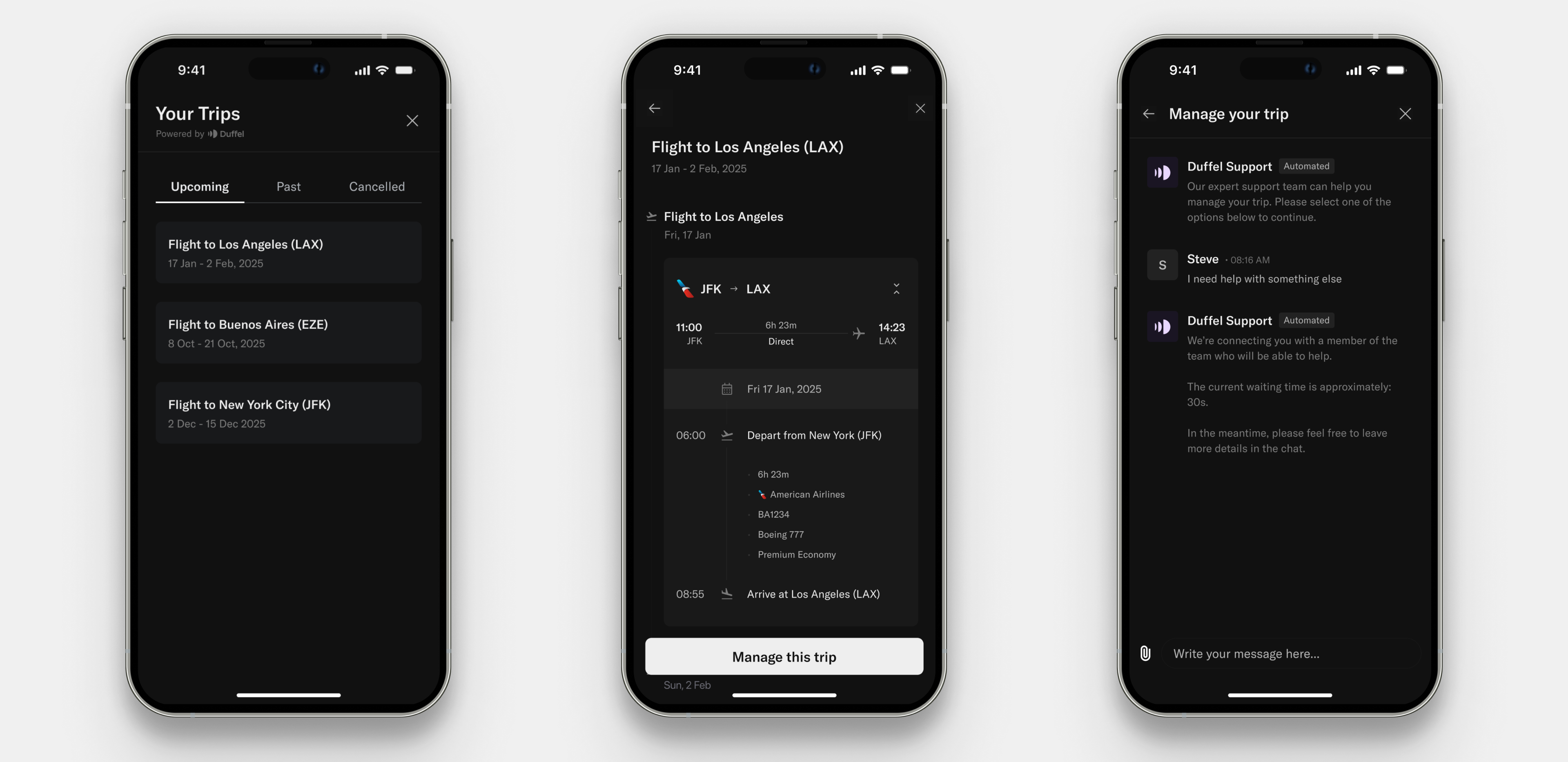 Screenshots of the pages of the Duffel Assistant